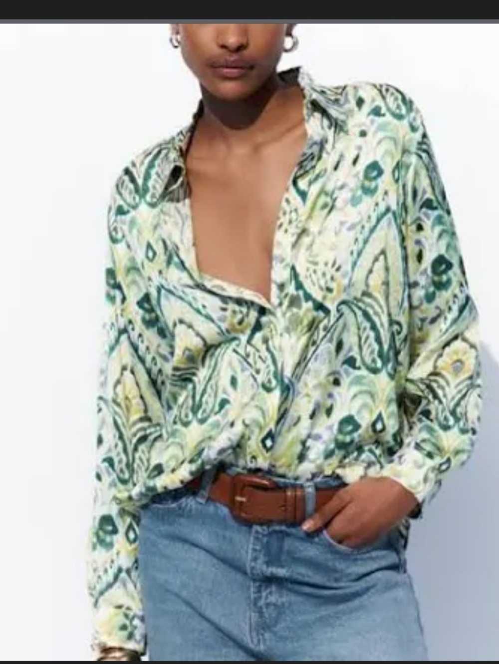 Zara Silky Green Purple & Blue Paisley Button-Up Blouse Small Euc